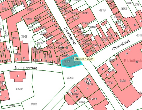 Kadastrale kaart van 2015 van ingetekende perceel aan Boschstraat 84 en 86 in Zaltbommel