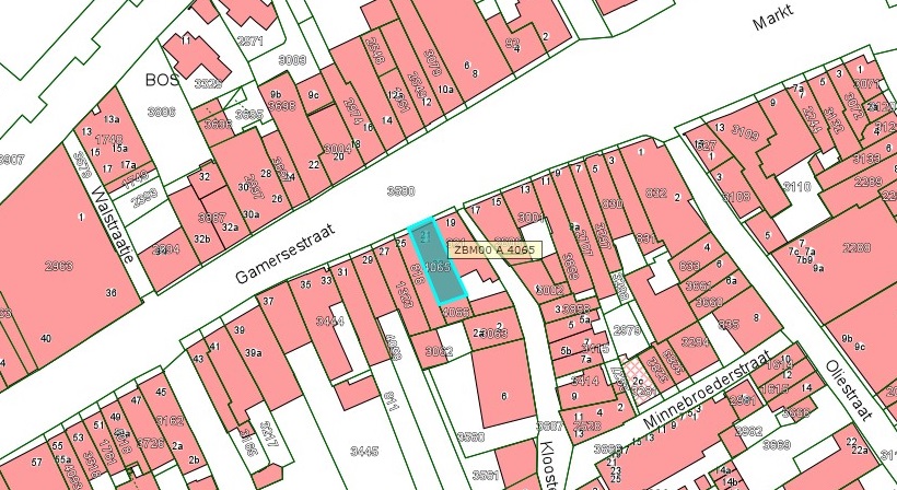 Kadastrale kaart van 2015 van ingetekende perceel aan Gamerschestraat 21-23 in Zaltbommel