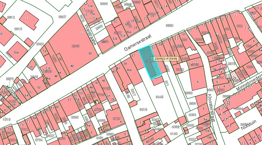 Kadastrale kaart van 2015 van ingetekende perceel aan Gamerschestraat33-35 in Zaltbommel