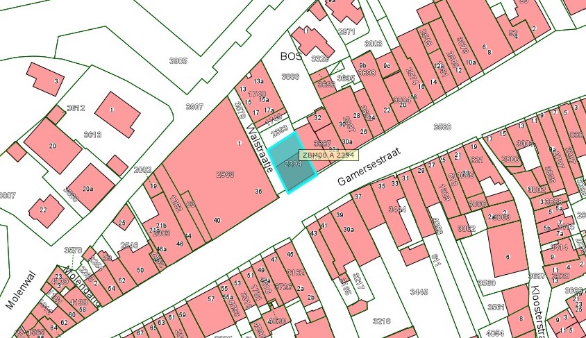 Kadastrale kaart van 2015 van ingetekende perceel aan Gamerschestraat 34 in Zaltbommel