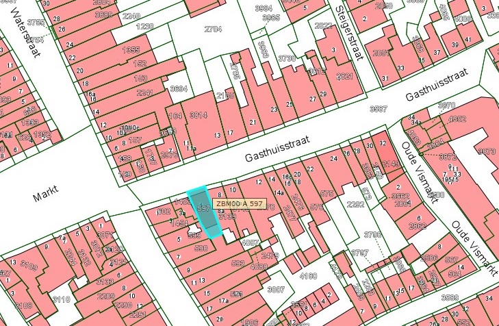 Kadastrale kaart van 2015 van ingetekende perceel aan Gasthuisstraat 4 in Zaltbommel
