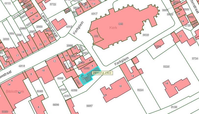 Kadastrale kaart van 2015 van ingetekende perceel aan Kerkplein 8-8a in Zaltbommel