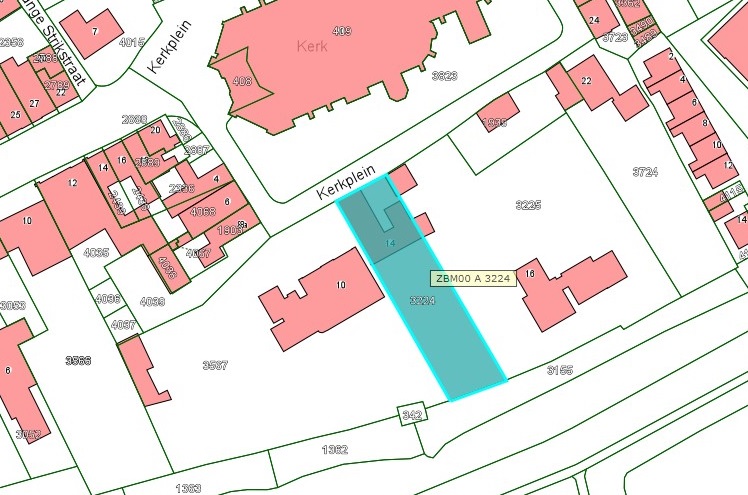 Kadastrale kaart van 2015 van ingetekende perceel aan Kerkplein 14 in Zaltbommel