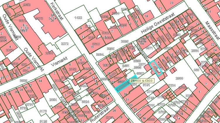 Kadastrale kaart van 2015 van ingetekende perceel aan de Kerkstraat 27 in Zaltbommel
