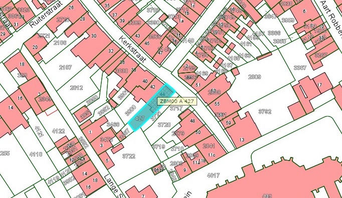 Kadastrale kaart van 2015 van ingetekende perceel aan de Kerkstraat 44 in Zaltbommel