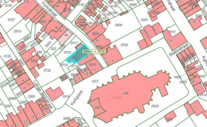 Kadastrale kaart van 2015 van ingetekende perceel aan de Kerkstraat 48 in Zaltbommel