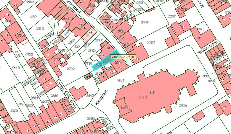 Kadastrale kaart van 2015 van ingetekende perceel aan de Kerkstraat 50 in Zaltbommel