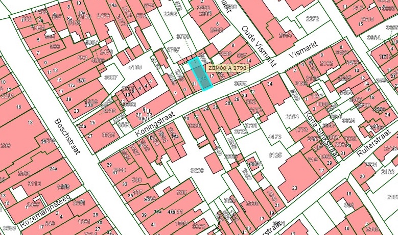 Kadastrale kaart van 2015 van ingetekende perceel aan de Koningstraat 11 t/m 21 in Zaltbommel