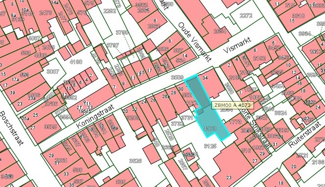 Kadastrale kaart van 2015 van ingetekende perceel aan de Koningstraat 32 in Zaltbommel