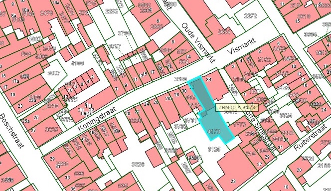 Kadastrale kaart van 2015 van ingetekende perceel aan de Koningstraat 32 in Zaltbommel