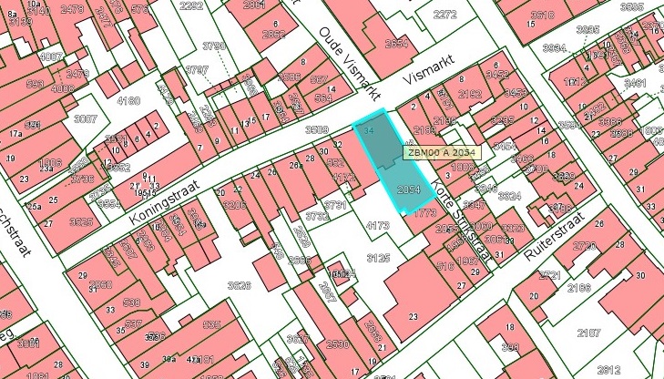 Kadastrale kaart van 2015 van ingetekende perceel aan de Koningstraat 34 in Zaltbommel