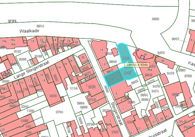 Kadastrale kaart van 2015 van ingetekende perceel aan de Korte Steigerstraat 8 in Zaltbommel