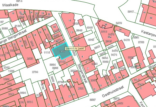 Kadastrale kaart van 2015 van ingetekende perceel aan de Korte Steigerstraat 9 in Zaltbommel
