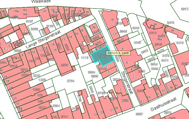 Kadastrale kaart van 2015 van ingetekende perceel aan de Korte Steigerstraat 11 in Zaltbommel