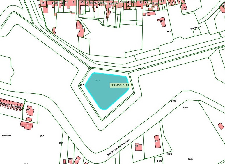 Kadastrale kaart van 2015 van ingetekende perceel van de Lagesingel in Zaltbommel