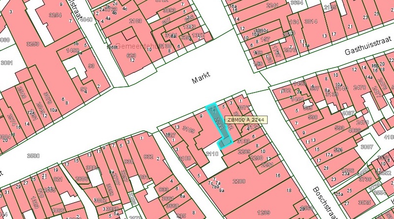 Kadastrale kaart van 2015 van ingetekende perceel aan de Markt 7 en 7a in Zaltbommel