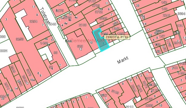 Kadastrale kaart van 2015 van ingetekende perceel aan de Markt 8 in Zaltbommel