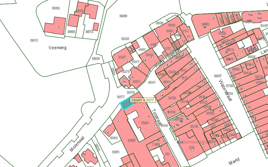 Kadastrale kaart van 2015 van ingetekende perceel aan de Molenwal 1 in Zaltbommel