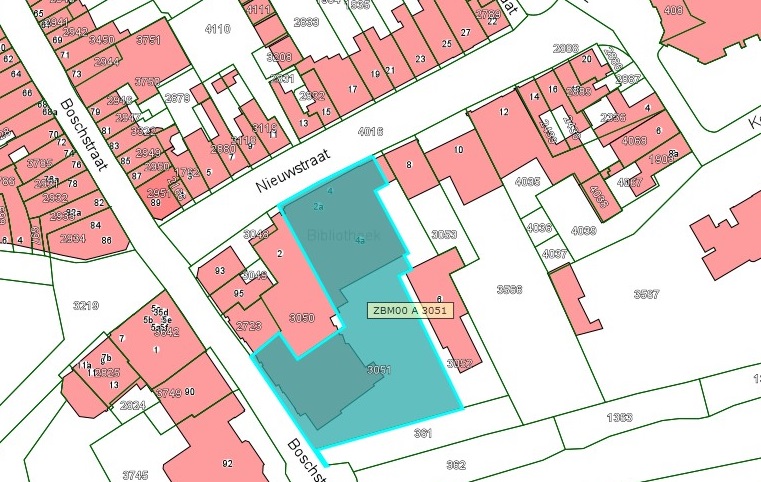 Kadastrale kaart van 2015 van ingetekende perceel aan de Nieuwstraat 4 in Zaltbommel
