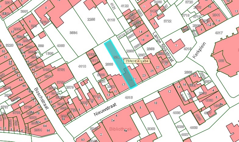 Kadastrale kaart van 2015 van ingetekende perceel aan de Nieuwstraat 19 in Zaltbommel