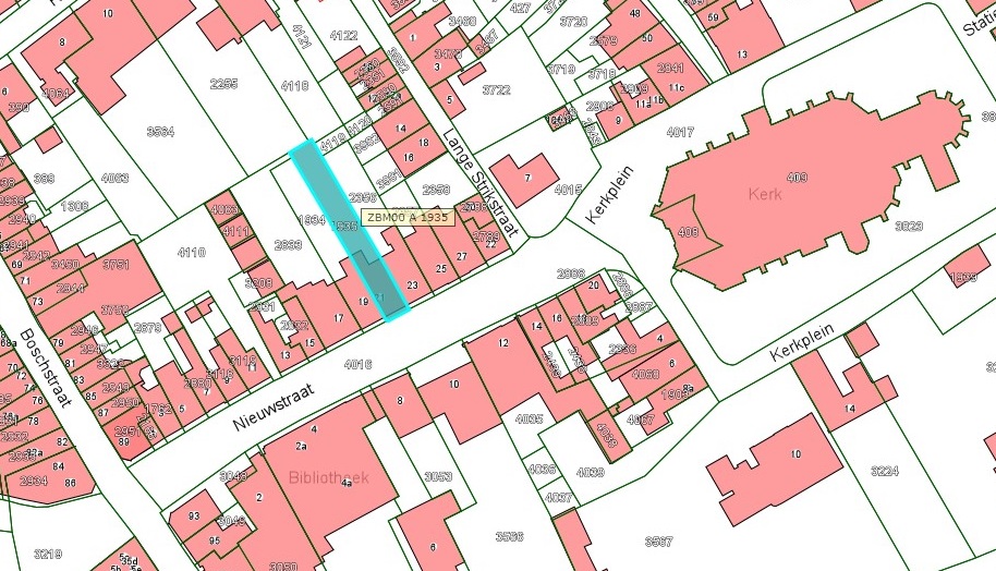 Kadastrale kaart van 2015 van ingetekende perceel aan de Nieuwstraat 21 in Zaltbommel