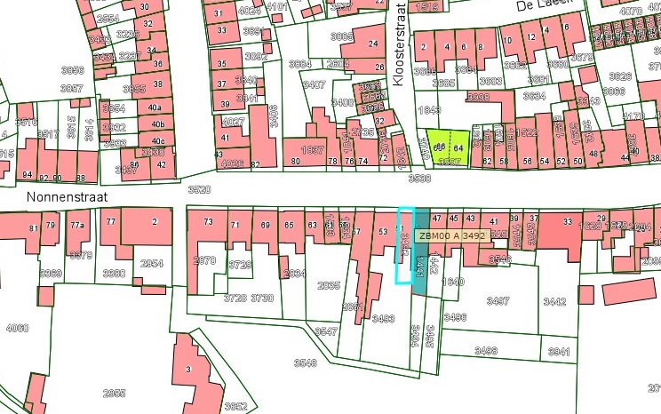 Kadastrale kaart van 2015 van ingetekende perceel aan de Nonnenstraat 49 in Zaltbommel