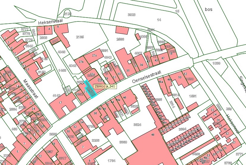 Kadastrale kaart van 2015 van ingetekende perceel aan de Oenselsestraat 23 in Zaltbommel