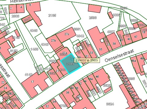 Kadastrale kaart van 2015 van ingetekende perceel aan de Oenselsestraat 27 in Zaltbommel