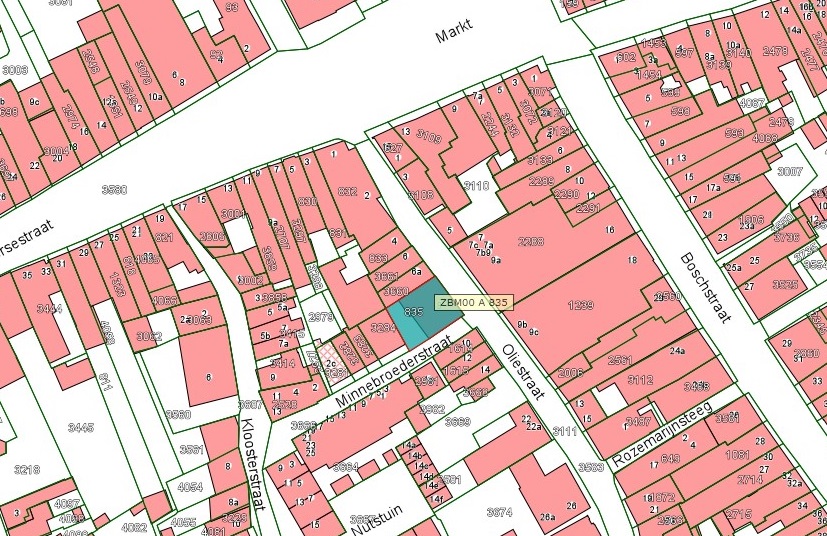 Kadastrale kaart van 2015 van ingetekende perceel aan de Oliestraat 8 in Zaltbommel