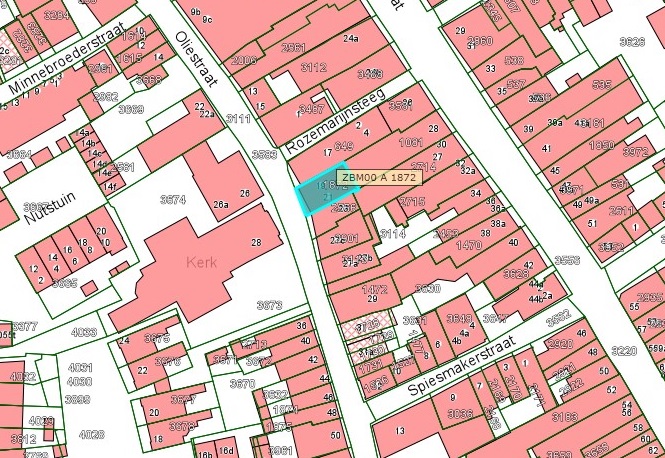 Kadastrale kaart van 2015 van ingetekende perceel van Oliestraat 19 en 21 in Zaltbommel