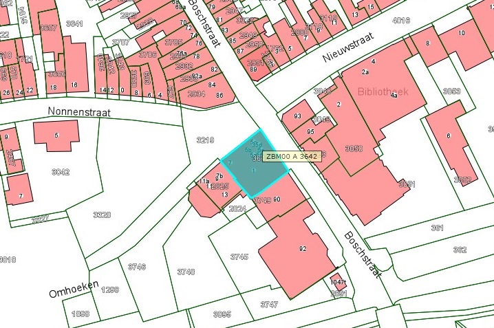 Kadastrale kaart van 2015 van ingetekende perceel aan de Omhoeken 1 en 3 in Zaltbommel