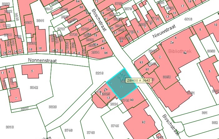 Kadastrale kaart van 2015 van ingetekende perceel aan de Omhoeken 5, 5a t/m 5f in Zaltbommel