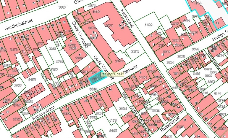 Kadastrale kaart van 2015 van ingetekende perceel aan de Oude Vischmarkt 14 in Zaltbommel