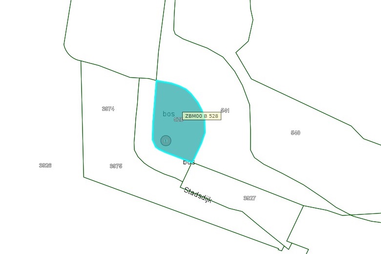 Kadastrale kaart van 2015 van ingetekende perceel aan de Stadsdijk 1 in Zaltbommel