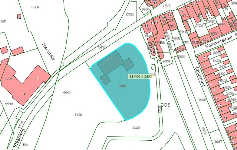 Kadastrale kaart van 2015 van ingetekende perceel aan de Steenweg 1, 1a, 3 en 3a in Zaltbommel