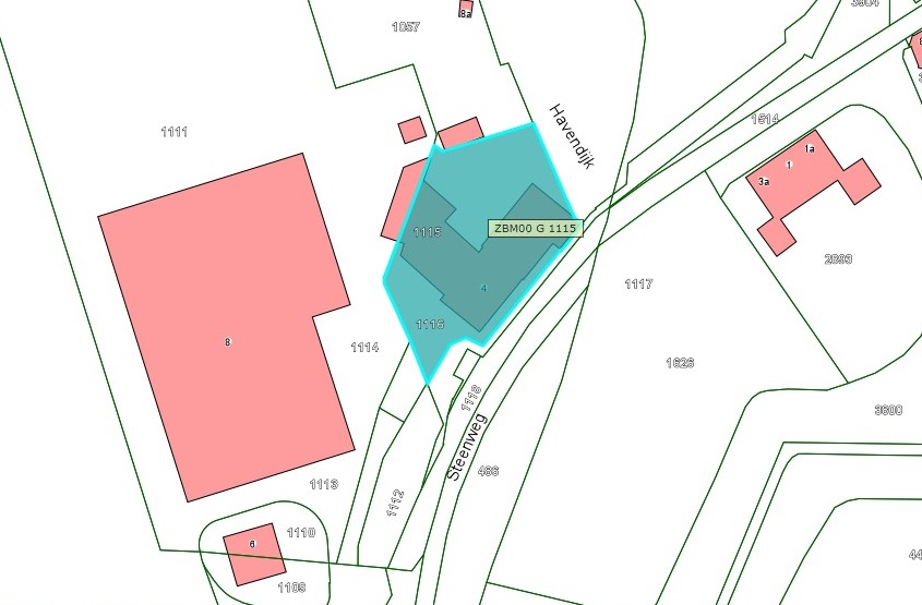 Kadastrale kaart van 2015 van ingetekende perceel aan de Steenweg 2, 4, 4a t/m 4c in Zaltbommel