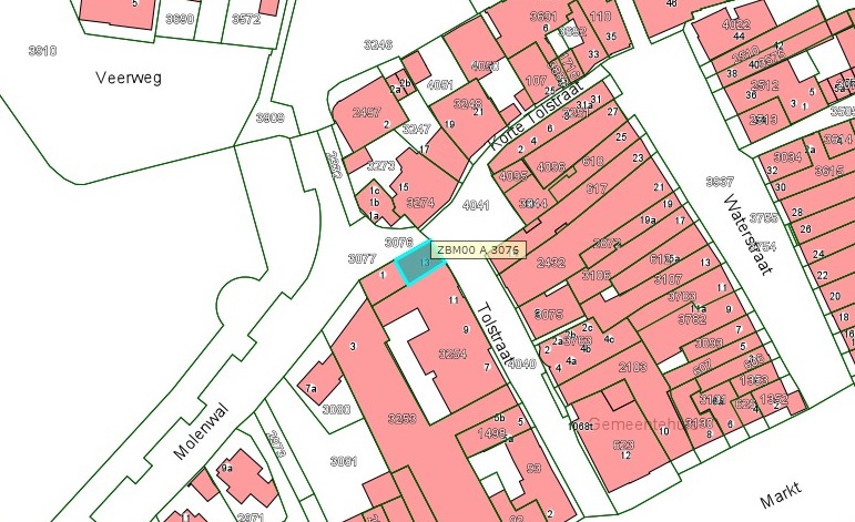 Kadastrale kaart van 2015 van ingetekende perceel aan de Tolstraat 13 in Zaltbommel