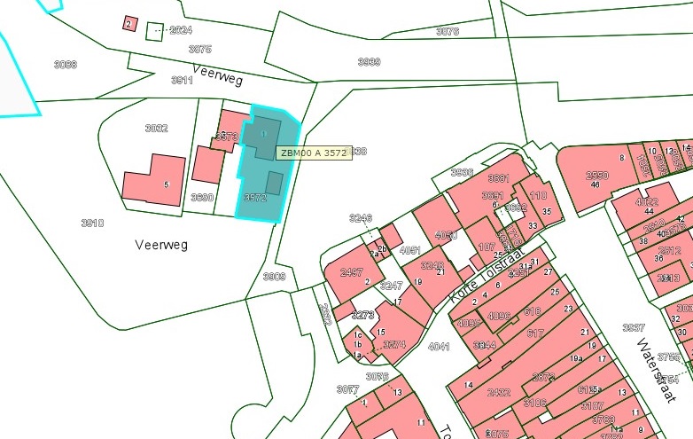 Kadastrale kaart van 2015 van ingetekende perceel aan de Veerweg 1 in Zaltbommel