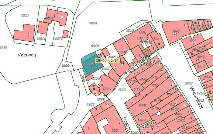 Kadastrale kaart van 2015 van ingetekende perceel aan de Waalkade 2 in Zaltbommel