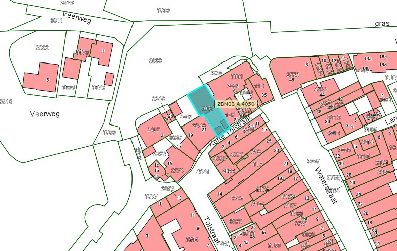 Kadastrale kaart van 2015 van ingetekende perceel aan de Waalkade 4 en 4a in Zaltbommel