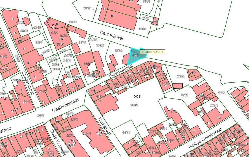 Kadastrale kaart van 2015 van ingetekende perceel aan de Waalkade 40 in Zaltbommel