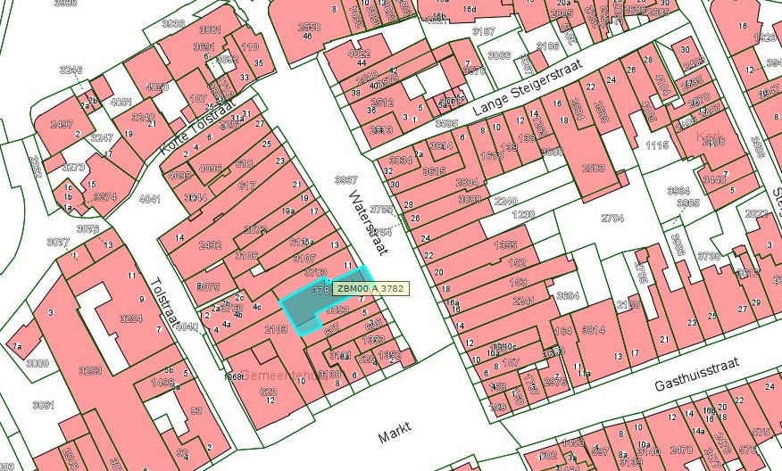 Kadastrale kaart van 2015 van ingetekende perceel aan de Waterstraat 9 in Zaltbommel