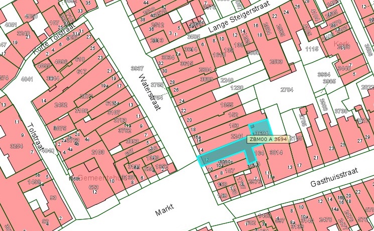 Kadastrale kaart van 2015 van ingetekende perceel aan de Waterstraat 12, 12 a t/m c in Zaltbommel