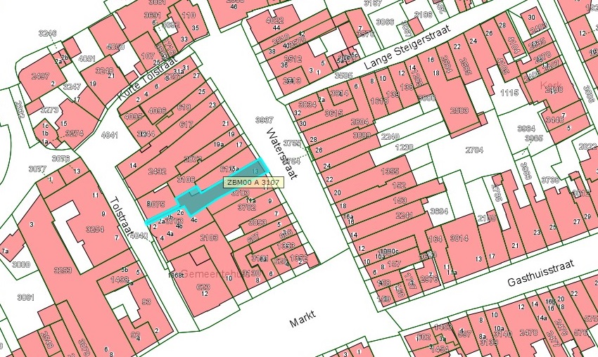 Kadastrale kaart van 2015 van ingetekende perceel aan de Waterstraat 13 in Zaltbommel