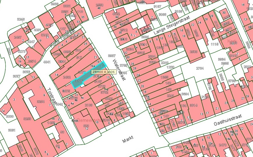 Kadastrale kaart van 2015 van ingetekende perceel aan de Waterstraat 17 in Zaltbommel