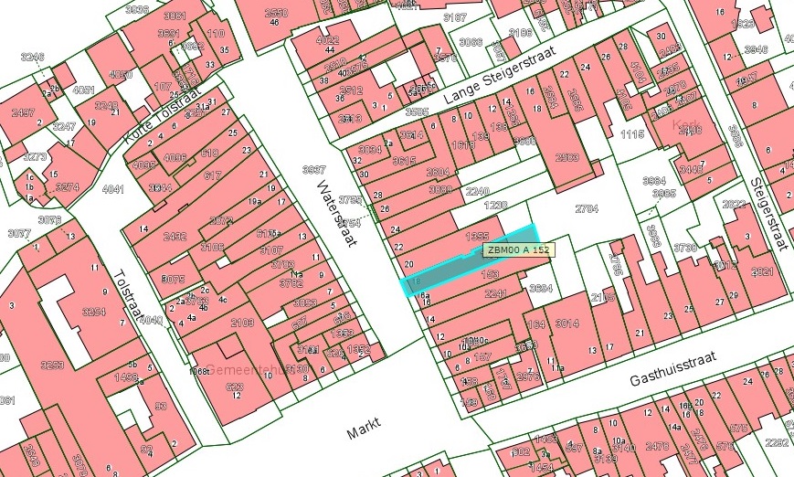 Kadastrale kaart van 2015 van ingetekende perceel aan de Waterstraat 18 in Zaltbommel