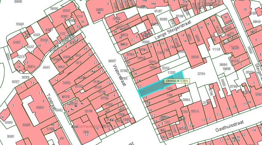 Kadastrale kaart van 2015 van ingetekende perceel aan de Waterstraat 20 in Zaltbommel