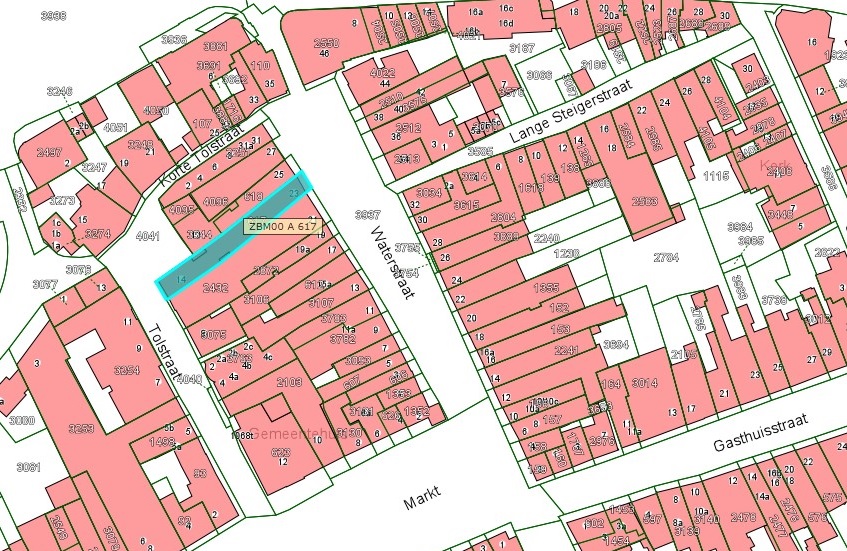 Kadastrale kaart van 2015 van ingetekende perceel aan de Waterstraat 23 in Zaltbommel