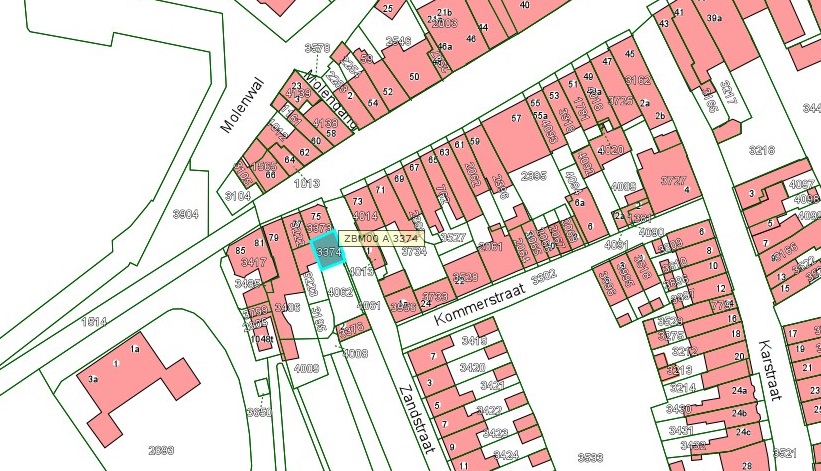 Kadastrale kaart van 2015 van ingetekende perceel aan Zandstraat 2 in Zaltbommel
