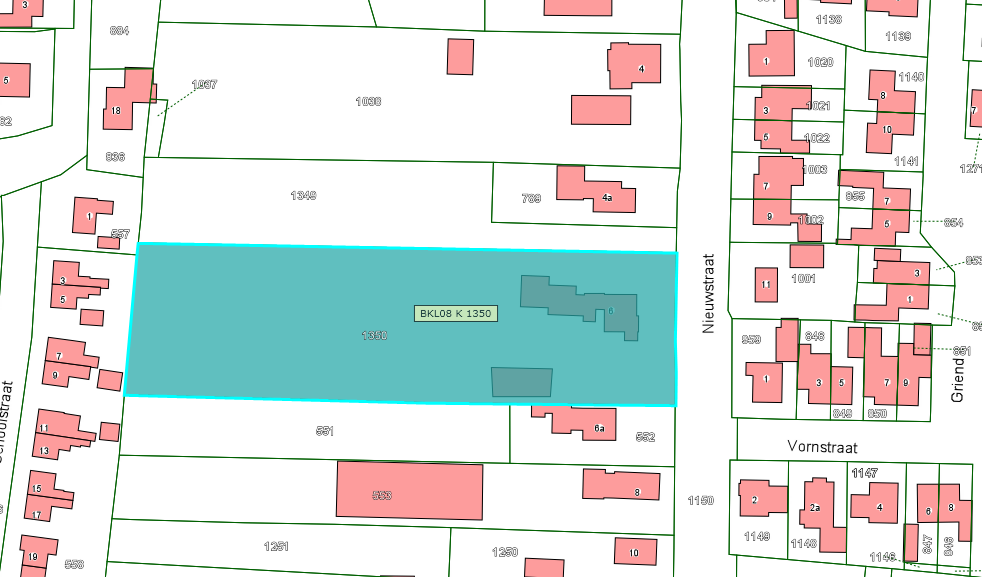 Kadastrale kaart van 2015 van ingetekende perceel aan Nieuwstraat 6 in Zuilichem